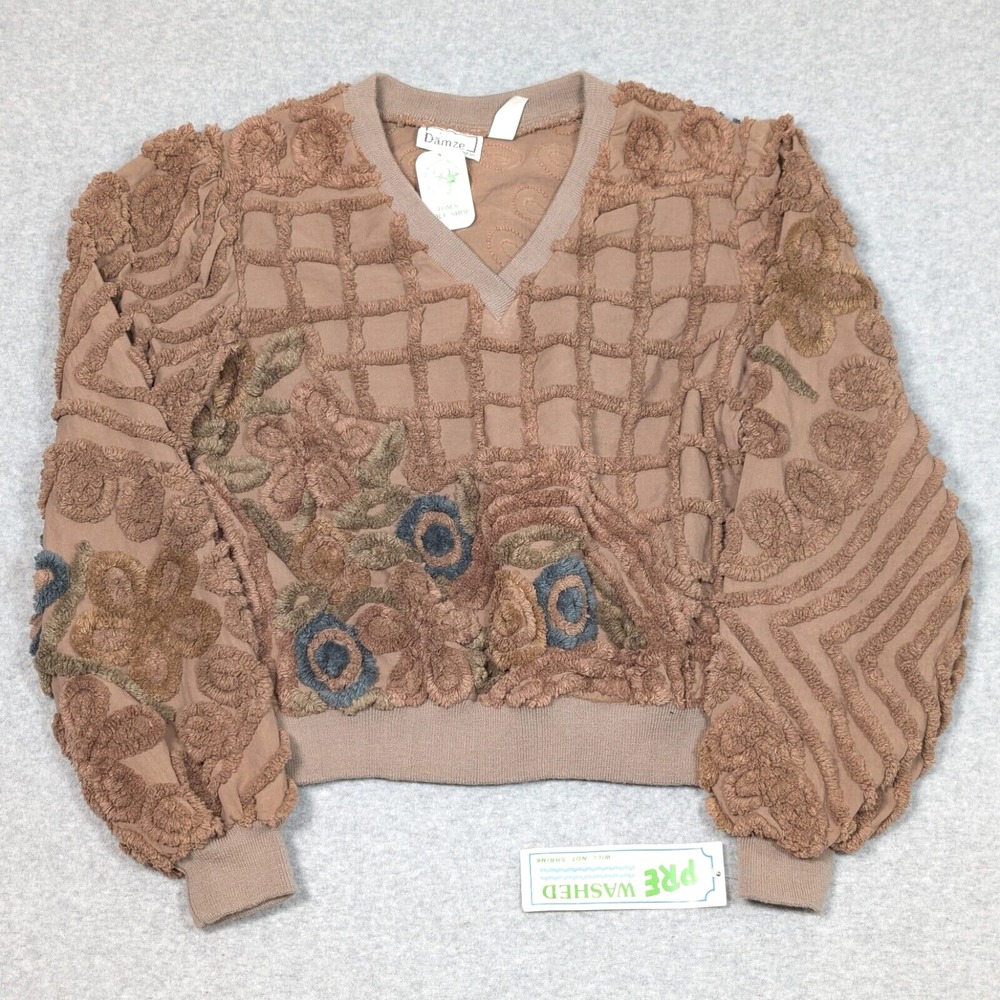 Damze V-Neck Overdyed Chenille Top Medium Floral Brown Sweater Vintage w/Tags